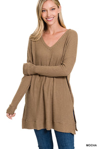 1.3 Zenana BRUSHED THERMAL WAFFLE V-NECK SWEATER HT-2430AB