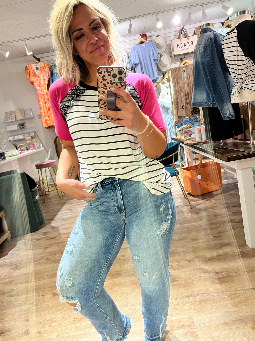4.5.23 Shop The Tour Heimish SS Stripe W/ Lace Color Sleeve Pink