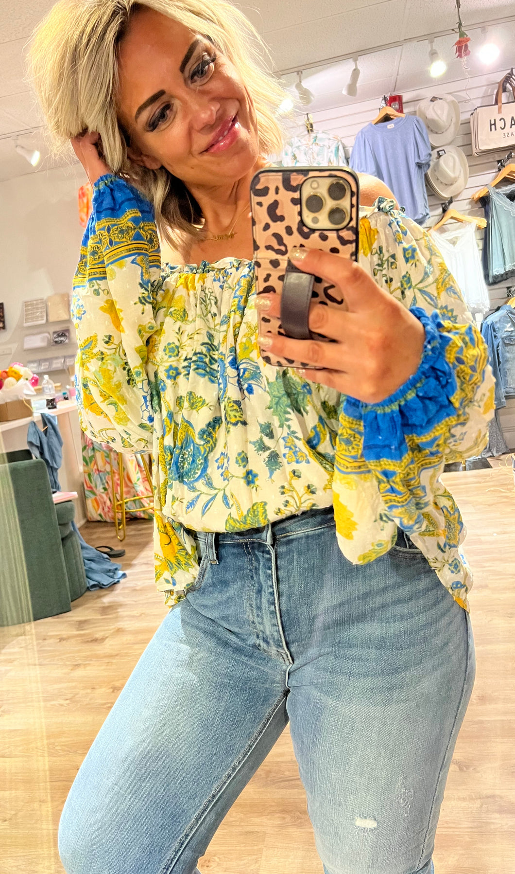 4.5.23 Shop The Tour Flying Tomato Flowy Cream/Yellow/Blue Top