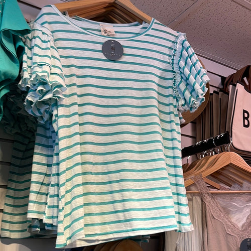 4.5.23 Shop The Tour Bibi Stripe Ruffle Sleeve Green/White